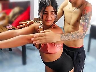 Stepbrother helps Indian Tinysis workout with his big booty