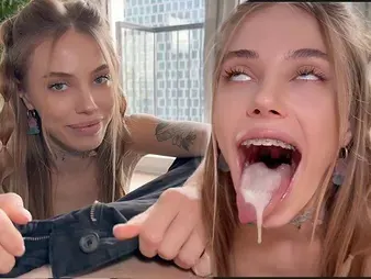 BunnyRabbits schoolgirl unfalteringly swallows ever after drop for will not hear of man's cum