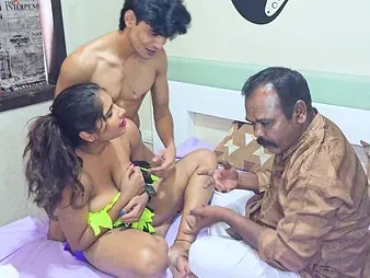 Stepmom teaches stepdaughter how to handle a obese Indian blarney in a hot Tamil threesome